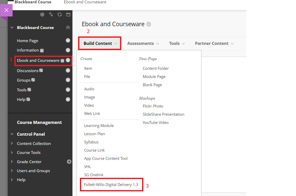 Selecting the Follett-Willo Digital Delivery 1.3 tool from Build Content
