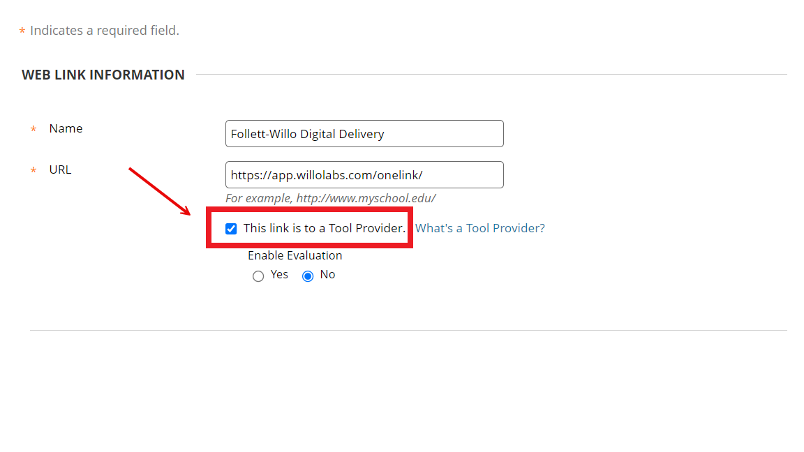 Blackboard Learn — Web Link settings (Name, URL, Tool Provider)