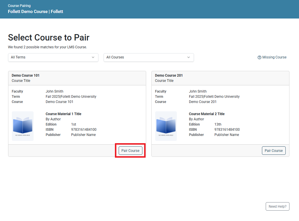 Select Course to Pair screen with Pair Course button
