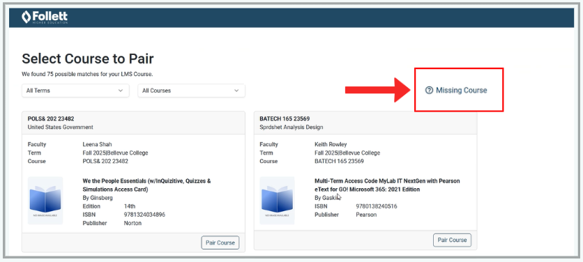Click the Missing Course link