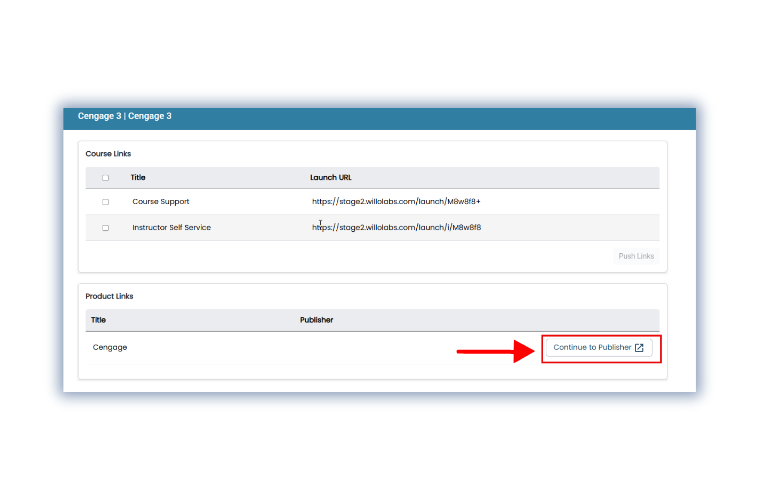 Continue to Publisher button to launch Cengage