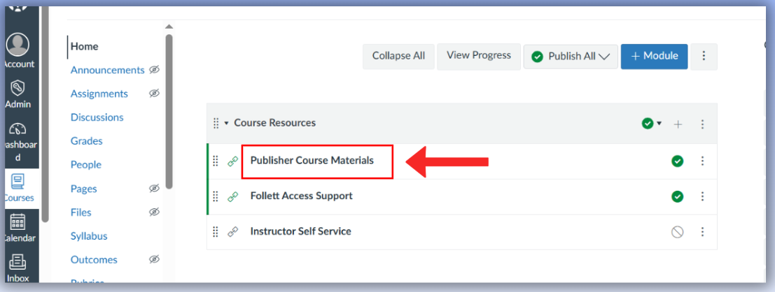 Publisher links in Canvas module