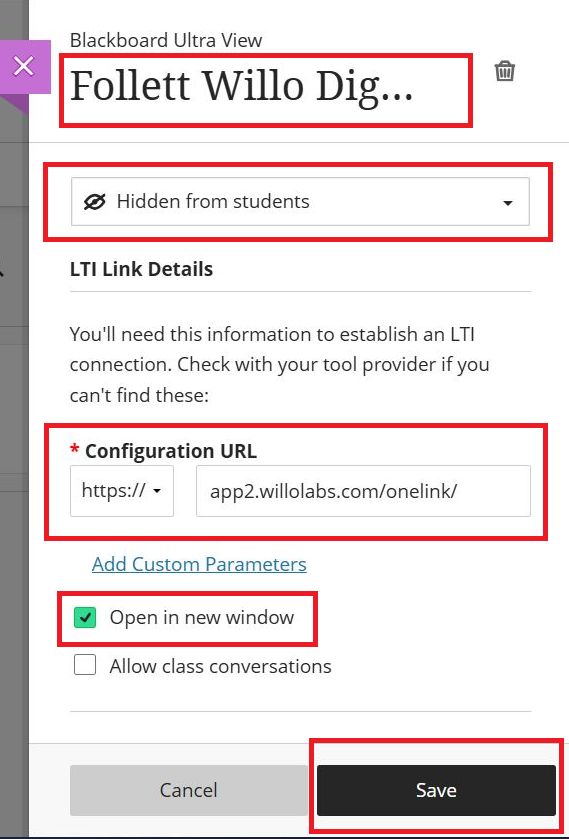 Blackboard —  in a new window checkbox