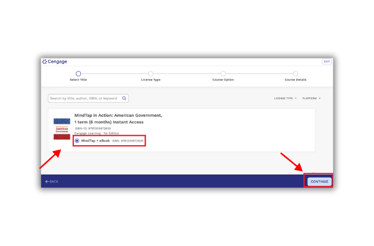Cengage product selection screen