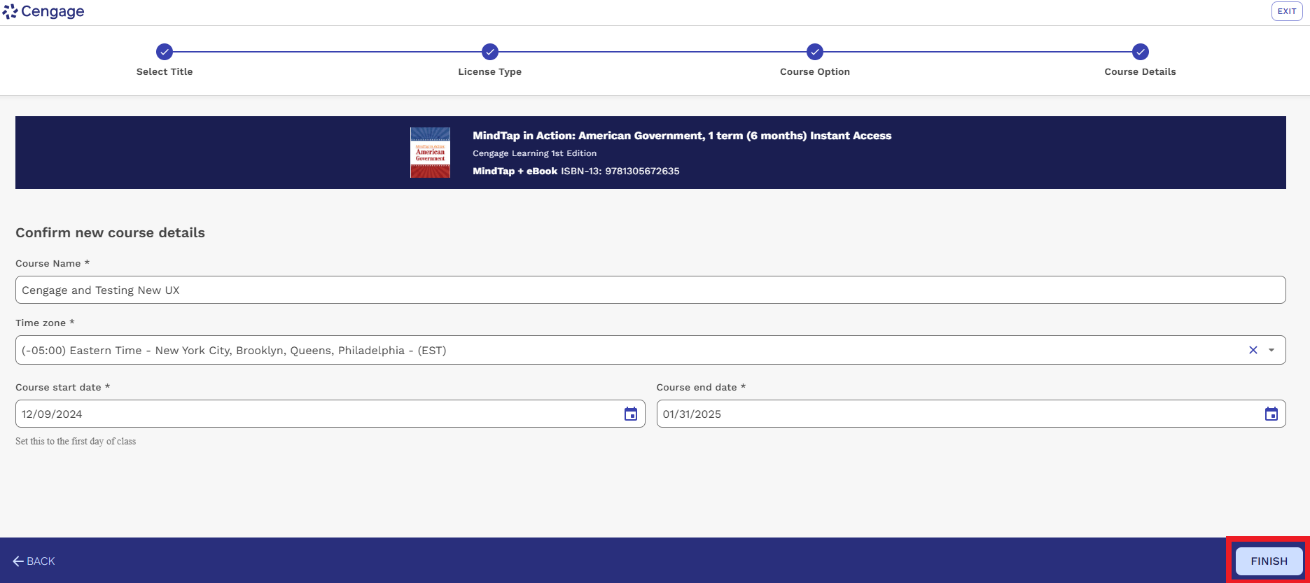 Enter course details (Course Name, Time Zone, Start/End Dates) and click Finish