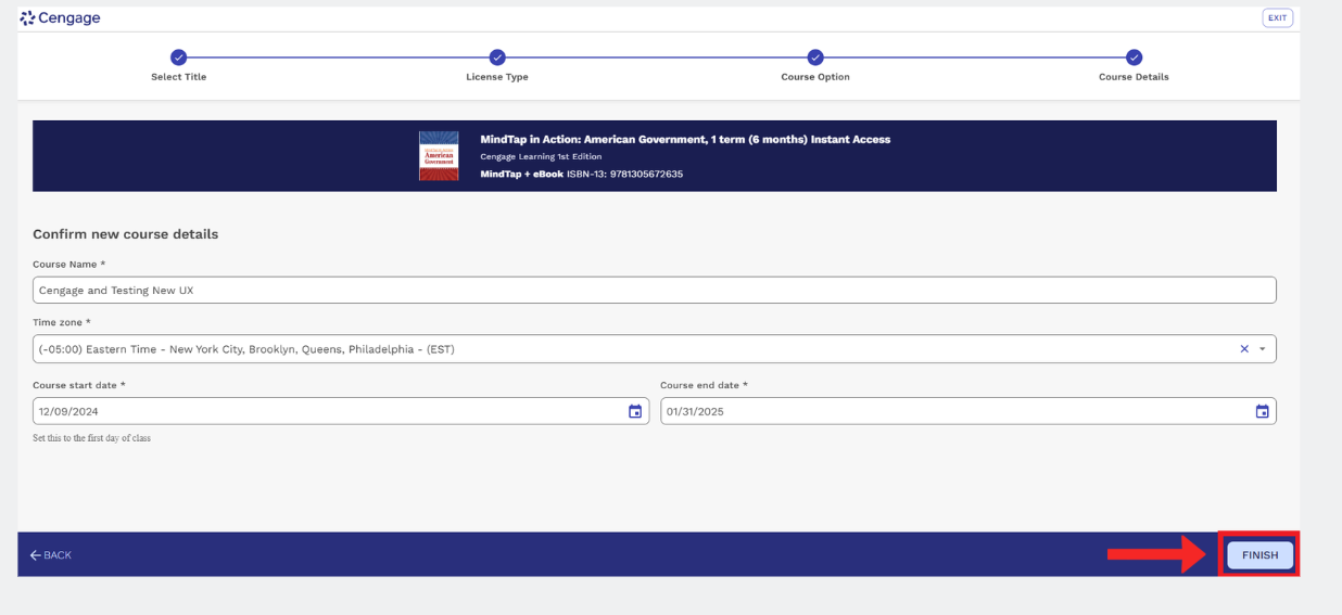 Cengage finish screen
