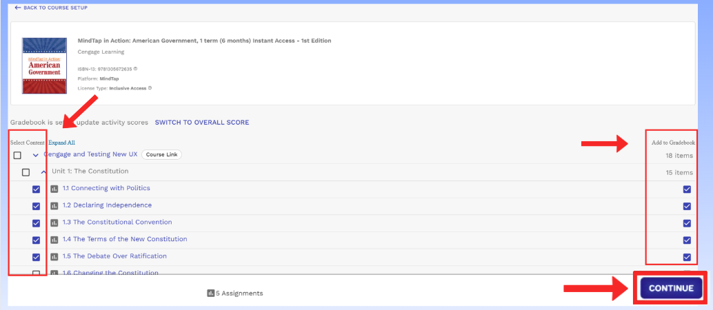 Select Cengage Deep Link items in Canvas