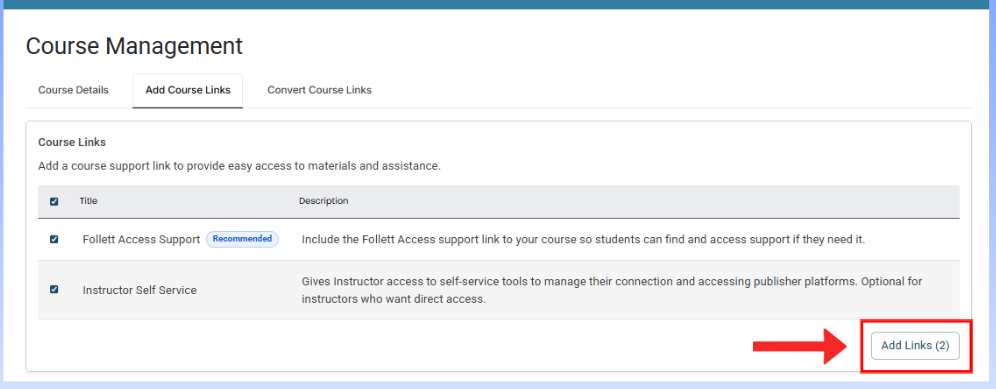 Add Course Links screen in Canvas