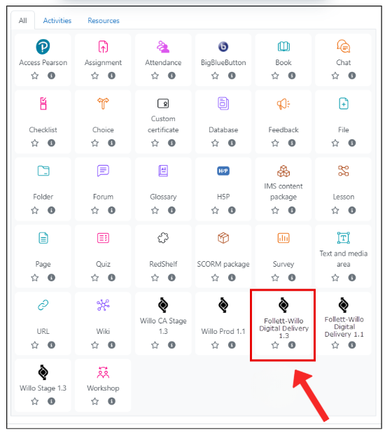 Select Follett Willo Digital Delivery in Moodle