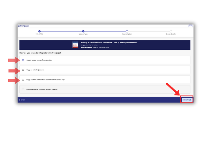 Cengage course setup options