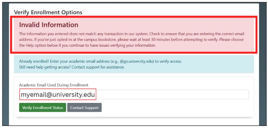 Invalid information screen